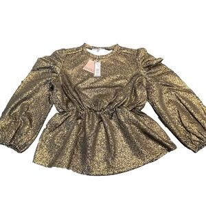 Alex & Parker‎ Women's XL Gold Shimmer Holiday Balloon Plated Sleeves Blouse Top
